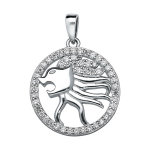 Pendentif en argent rhodi� rond avec signe du zodiaque lion et contour d'oxydes blancs sertis