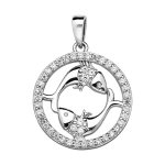 Pendentif en argent rhodié rond avec signe du zodiaque poisson et contour d'oxydes blancs sertis Pendentif en argent rhodié rond avec signe du zodiaque poisson et contour d'oxydes blancs sertis