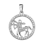 Pendentif en argent rhodi rond avec signe du zodiaque sagittaire et contour d'oxydes blancs sertis