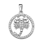 Pendentif en argent rhodi rond avec signe du zodiaque scorpion et contour d'oxydes blancs sertis