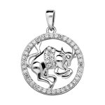 Pendentif en argent rhodi rond avec signe du zodiaque taureau et contour d'oxydes blancs sertis