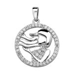 Pendentif en argent rhodi rond avec signe du zodiaque vierge et contour d'oxydes blancs sertis