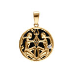Pendentif enplaqu or mdaille 15mm, onyx noir imitation, zodiaque gemeaux et un oxyde blanc
