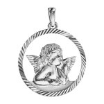 Pendentif mdaille en argent rhodi ange contour ajour diamant