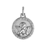 Pendentif mdaille en argent rhodi ange contour oxydes blancs sertis 15mm