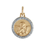 Pendentif mdaille en plaqu or avec ange et contour en oxydes blancs sertis 15mm