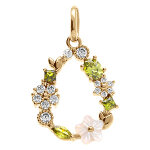 Pendentif en plaqu� or goutte jardin fleuri d'oxydes blanc et vert olive avec sa fleur de nacre blanche ...
