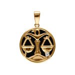 Pendentif en plaqu or mdaille 15mm, onyx noir imitation, zodiaque balance et un oxyde blanc