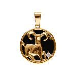 Pendentif en plaqu or mdaille 15mm, onyx noir imitation, zodiaque blier et un oxyde blanc