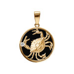 Pendentif en plaqu or mdaille 15mm, onyx noir imitation, zodiaque cancer et un oxyde blanc