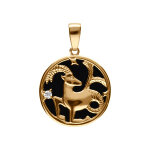 Pendentif en plaqu or mdaille 15mm, onyx noir imitation, zodiaque capricorne et un oxyde blanc
