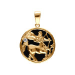 Pendentif en plaqu or mdaille 15mm, onyx noir imitation, zodiaque sagittaire et un oxyde blanc