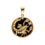 Pendentif en plaqu or mdaille 15mm, onyx noir imitation, zodiaque scorpion et un oxyde blanc