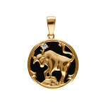 Pendentif en plaqu or mdaille 15mm, onyx noir imitation, zodiaque taureau et un oxyde blanc