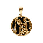 Pendentif en plaqu or mdaille 15mm, onyx noir imitation, zodiaque verseau et un oxyde blanc