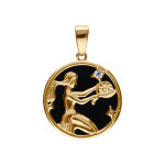 Pendentif en plaqu or mdaille 15mm, onyx noir imitation, zodiaque vierge et 1 oxyde blanc