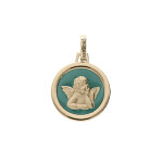 Pendentif en plaqu or mdaille avec ange sur fond vert