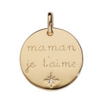 Pendentif en plaqu or mdaille grave  maman je t'aime  avec 1 toile et oxyde blanc serti