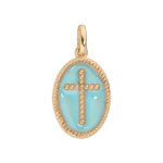 Pendentif en plaqu or ovale croix sur fond bleu ciel