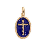 Pendentif en plaqu or ovale croix sur fond bleu fonc