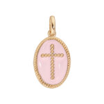 Pendentif en plaqu or ovale croix sur fond rose ple