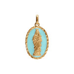 Pendentif en plaqu or ovale vierge et l'enfant 20mmx13mm fond bleu ciel