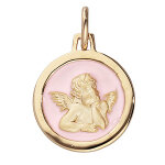 Pendentif en vermeil m�daille �g�rement ovale ange sur fond de r�sine rose pale