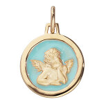 Pendentif en vermeil m�daille l�g�rement ovale ange sur fond de r�sine bleu ciel