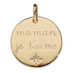 Pendentif en vermeil m�daille avec pastille  maman je t'aime  et un oxyde blanc serti