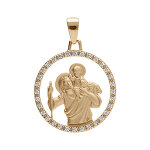 Pendentif en vermeil platin mdaille ronde saint - christophe 18mm avec contour d'oxydes blancs sertis ...