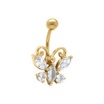 Piercing nombril en acier dore papillon avec oxydes blancs