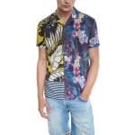 Chemise regular en soie bleu marine et jaune