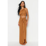 Crop top asymtrique et jupe longue taille haute - marron