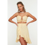 Crop top et jupe asym�trique taille haute - moutarde et �cru