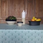 Nappe enduite papyrus vert d'eau - ronde diam 160cm fleur de soleil Nappe enduite papyrus vert d'eau - ronde diam 160cm fleur de soleil