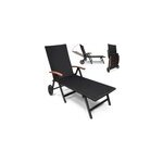 Chaise longue en polyrotin alu transat pliable roues accoudoirs en bois d'acacia