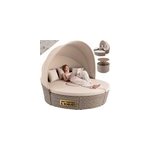 Lit de jardin rond 185cm gris beige en polyrotin avec toit