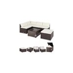 Salon d'angle en poly rotin marron / cr�me avec coffre de rangement en poly rotin marron