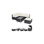 Salon d'angle en poly rotin noir / cr�me avec coffre de rangement en poly rotin noir