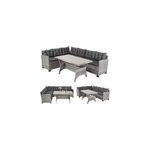 Salon de jardin d'angle en polyrotin - canap� 6 places table haute - gris beige