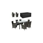 Salon de jardin en poly rotin 7 pi�ces gris / anthracite + b�che de protection