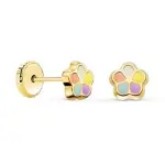 Boucles d'oreilles fille, fleur multicolore en or jaune 18k et mail, fermoir  vis