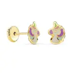 Boucles d'oreilles licorne multicolore en or jaune 18k et émail, fermoir à vis Boucles d'oreilles licorne multicolore en or jaune 18k et émail, fermoir à vis