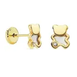 Boucles d'oreilles, nacre et or 18 carats pour fille, fermoir  vis - ourson