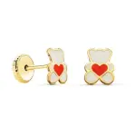 Boucles d'oreilles or et mail, fermoir  visser - ourson & coeur