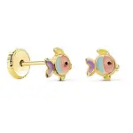 Boucles d'oreilles poisson multicolore en or jaune 18k et mail, fermoir  vis