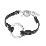 Bracelet cuir femme, lani�re noire et cercle argent sign� zo� bijoux