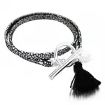 Bracelet femme original, cuir noir et argent, sign� zo� bijoux