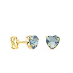 Clous d'oreilles coeur en or massif, zircon bleu aigue - marine 5 mm - marie