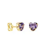 Clous d'oreilles coeur en or massif, zircon violet am�thyste 5 mm - marie
